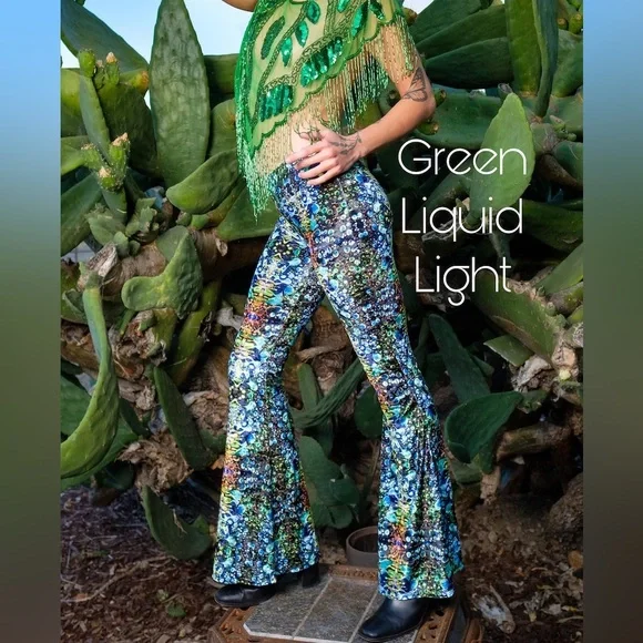 Green Multicolor Sequin-Effect Flared Pants - Picture 2 of 10